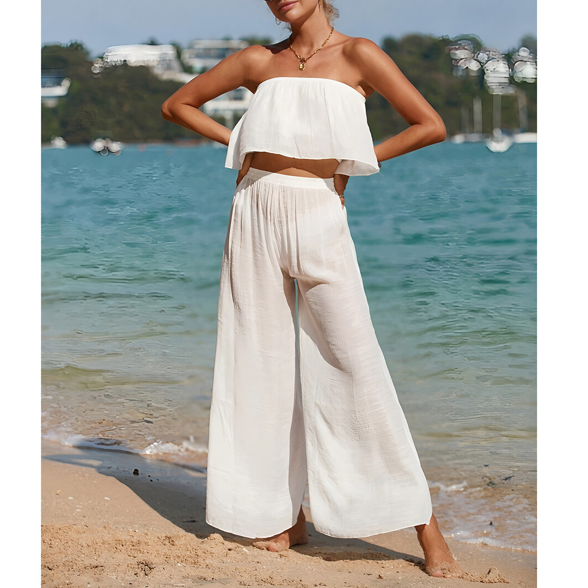 Ensemble Femme Deux Pièces – Haut Sans Bretelles – Pantalon Large Taille Haute – Tissu Léger Respirant