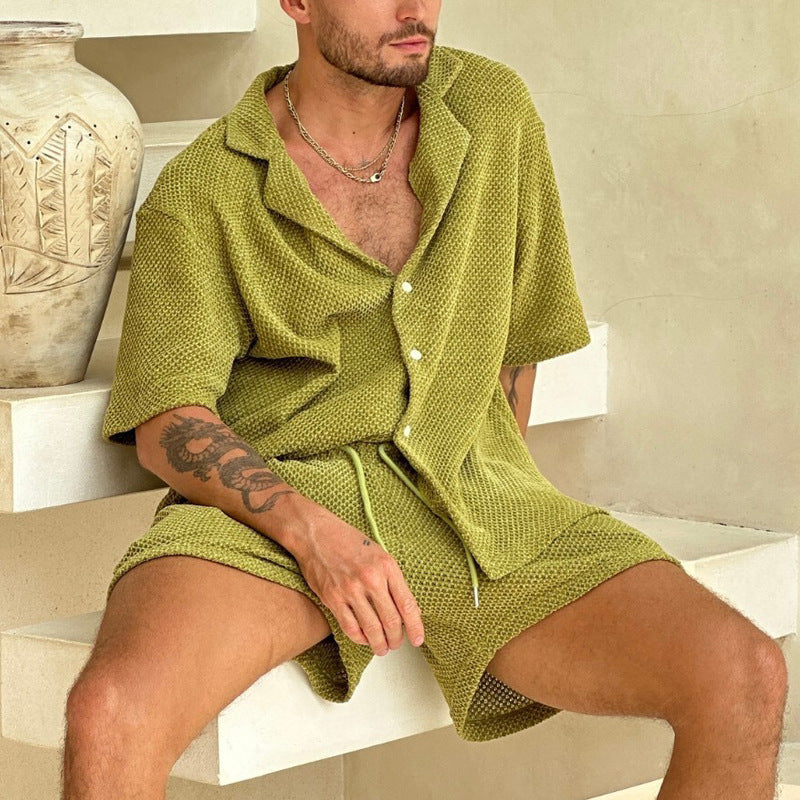 Ensemble Décontracté Homme – Chemise Boutonnée et Short Cordon – Coupe Ample Respirante