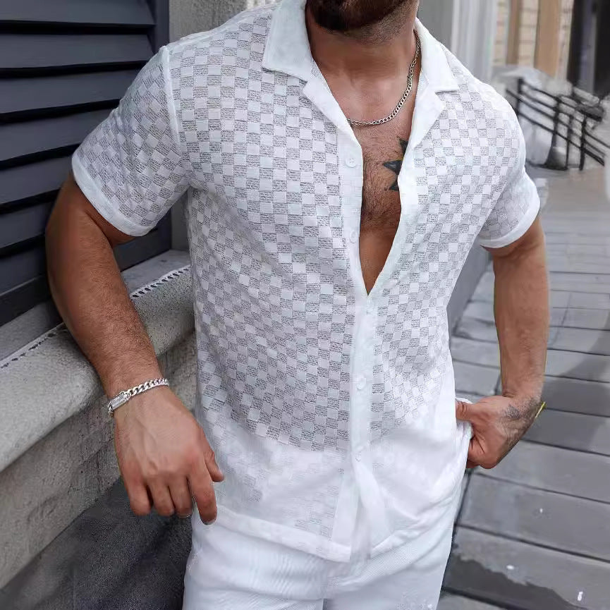 Chemise homme – Maille douce – Coupe décontractée – Dentelle ajourée – Manches courtes