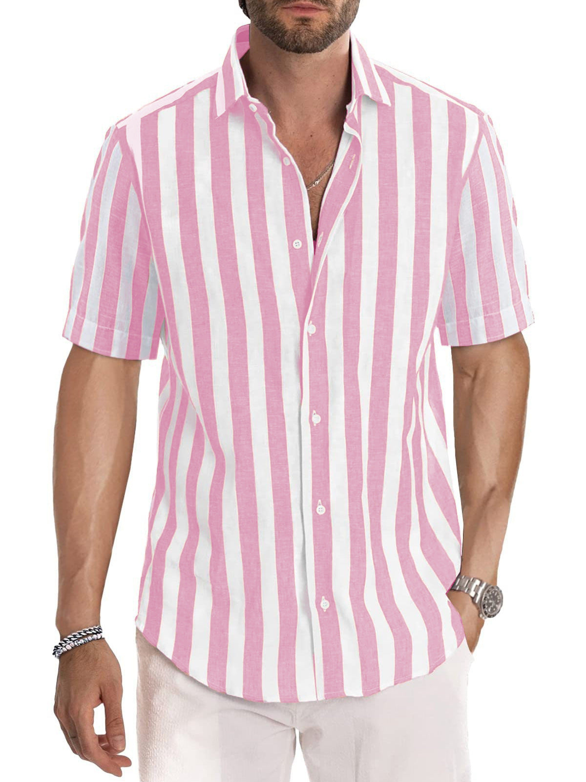 Chemise homme – Coupe décontractée – Manches courtes – Coton – Rayures verticales