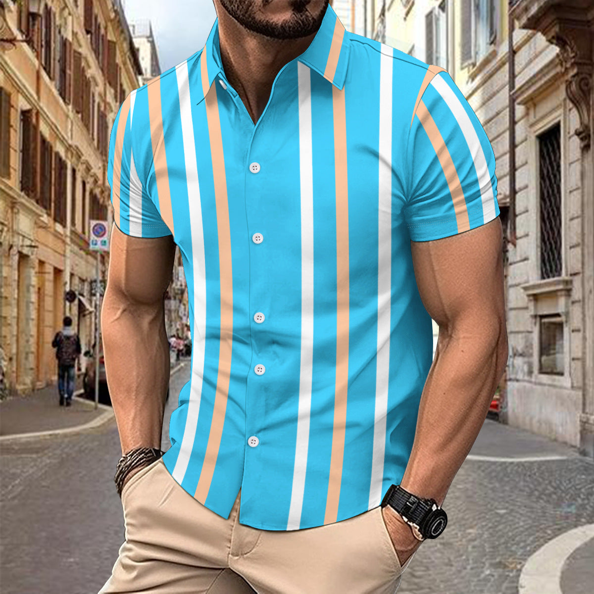 Chemise homme manches courtes – Coupe slim – Coton – Rayures verticales