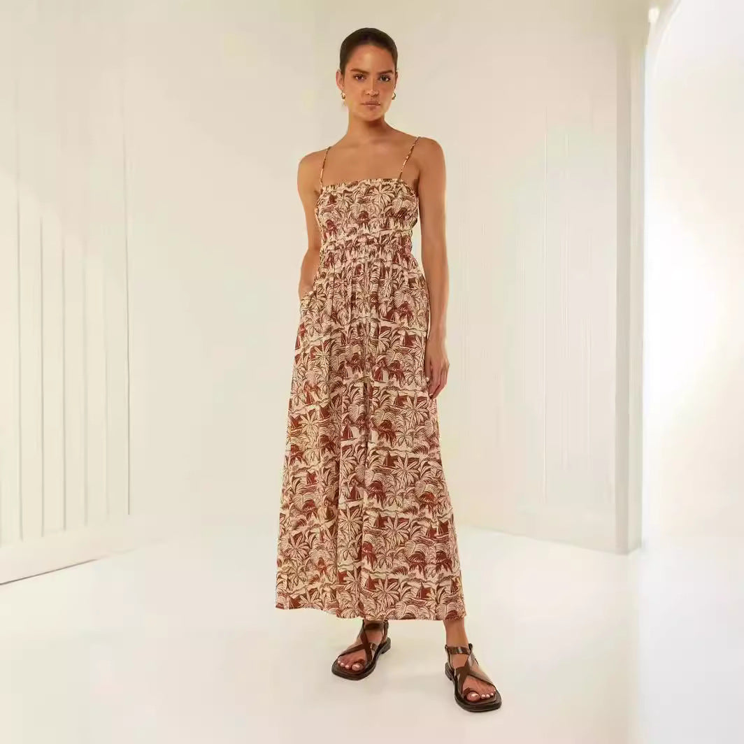 Robe Longue Femme – Épaules Dénudées – Bretelles Fines – Fronces – Coupe Fluide