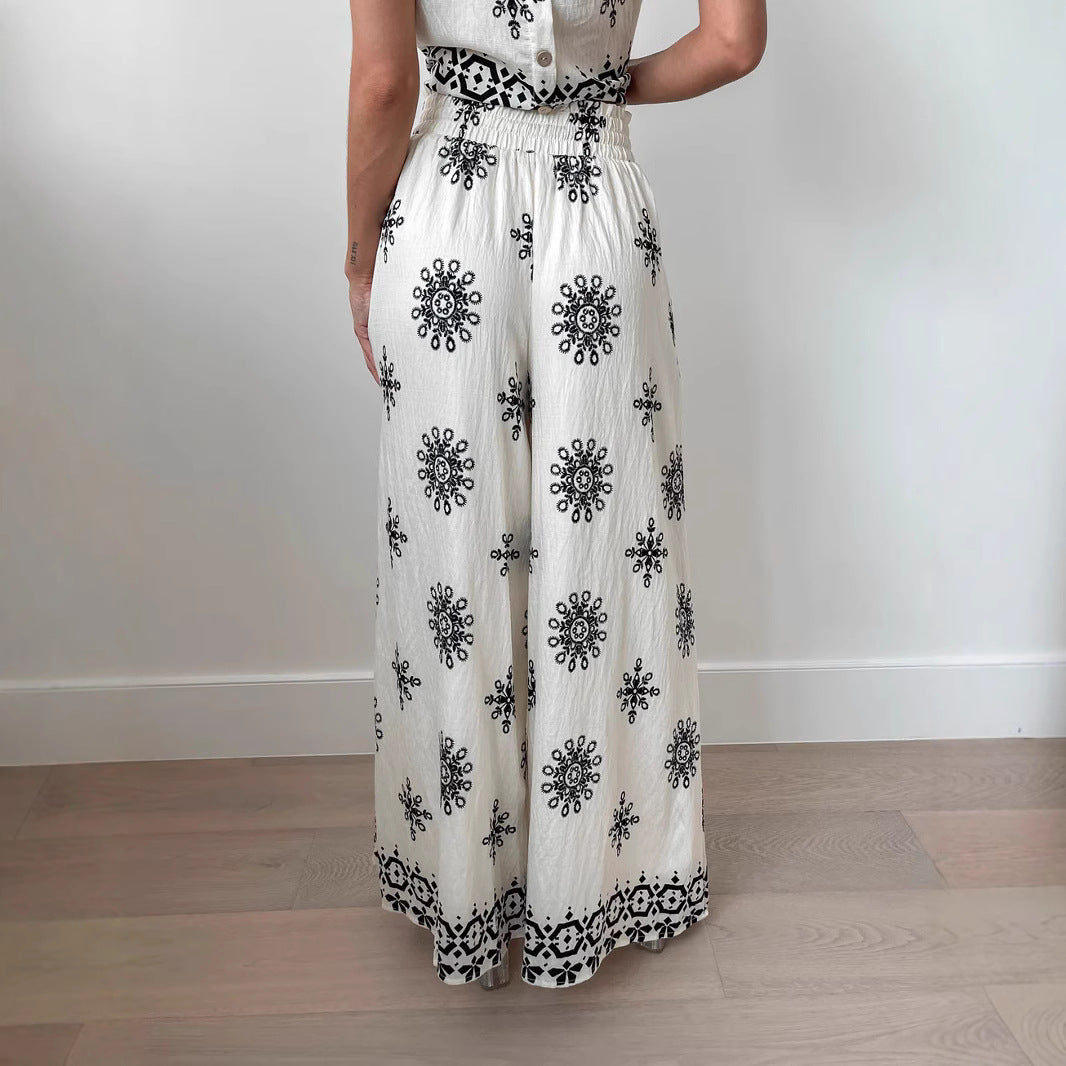 Ensemble Femme Deux Pièces – Haut Court Sans Manches – Pantalon Large Taille Haute – Broderie