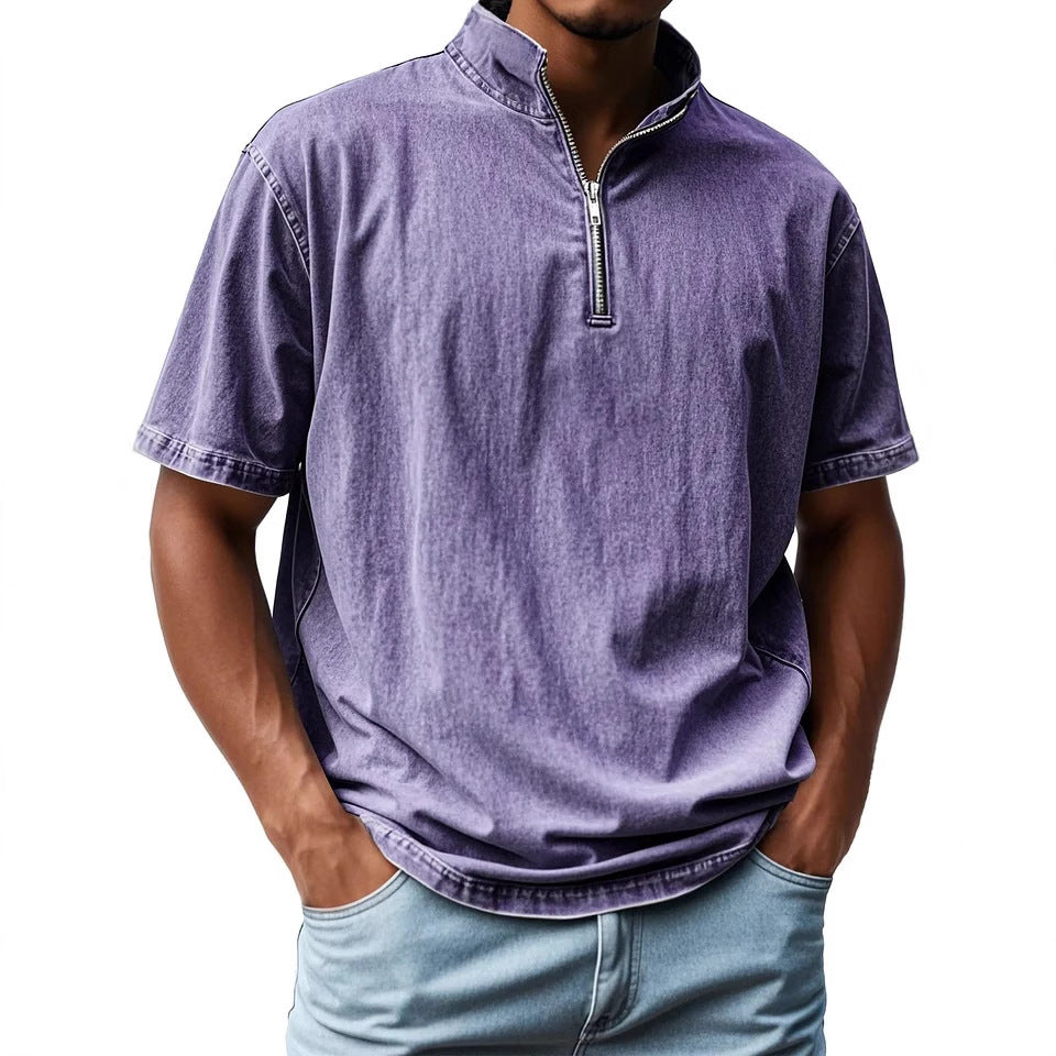 Chemise homme manches courtes – Coupe ajustée – Col montant – Fermeture zippée – Tissu respirant