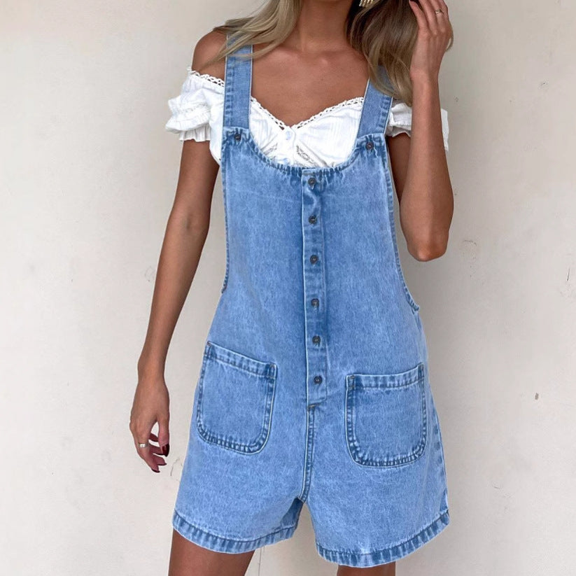 Salopette Femme – Short en Jean – Coupe Ample – Bretelles Réglables – Boutonnée
