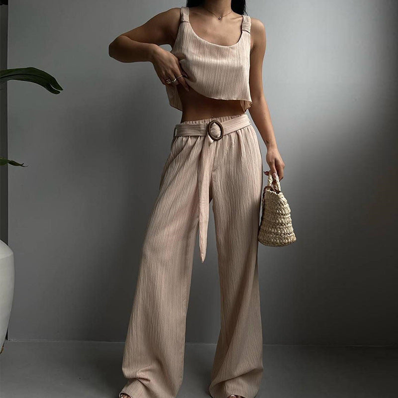 Ensemble Femme Deux Pièces – Haut Court Bretelles Larges – Pantalon Taille Haute Coupe Large