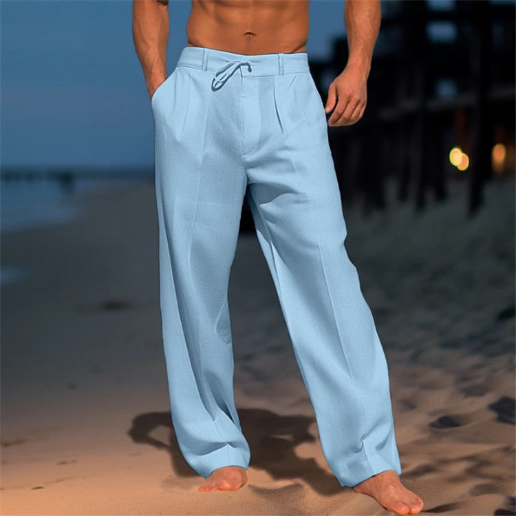 Pantalon décontracté homme – Coupe droite – Taille cordon – Tissu respirant – Longueur totale
