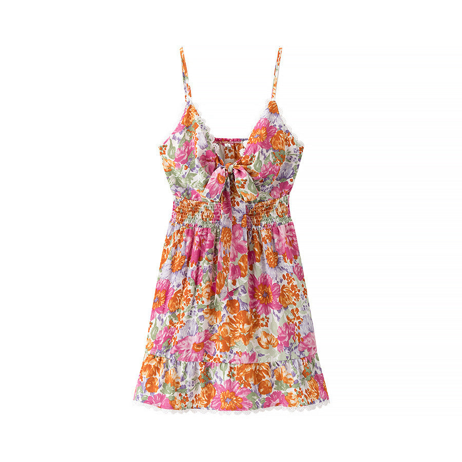 Robe Femme Mini Évasée – Bretelles Fines – Nœud Dos – Volants – Dentelle Fleurie