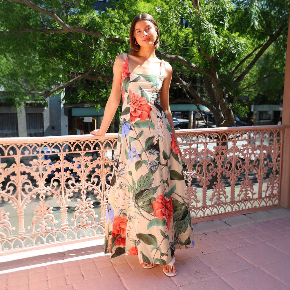 Robe longue femme – Encolure carrée – Bretelles larges – Imprimé fleuri vintage