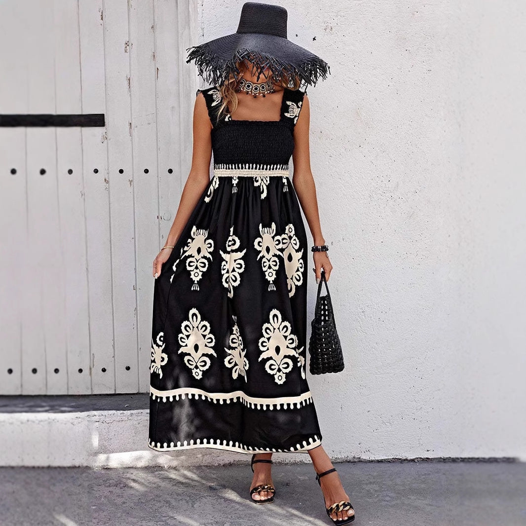 Robe longue femme – Coupe ample – Coton – Imprimé bohème – Bretelles volantées