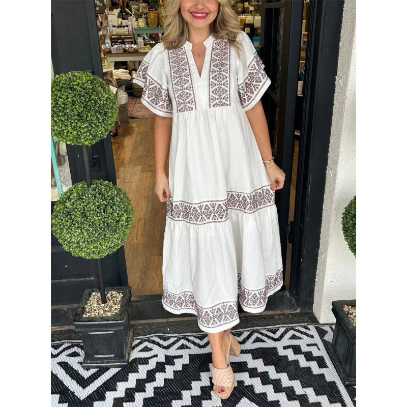 Robe mi-longue femme – Coupe ample – Col en V – Manches papillon – Imprimé bohème