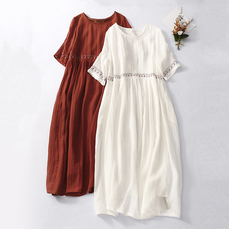Robe longue femme – Coupe fluide – Coton – Taille dentelle crochet – Manches courtes