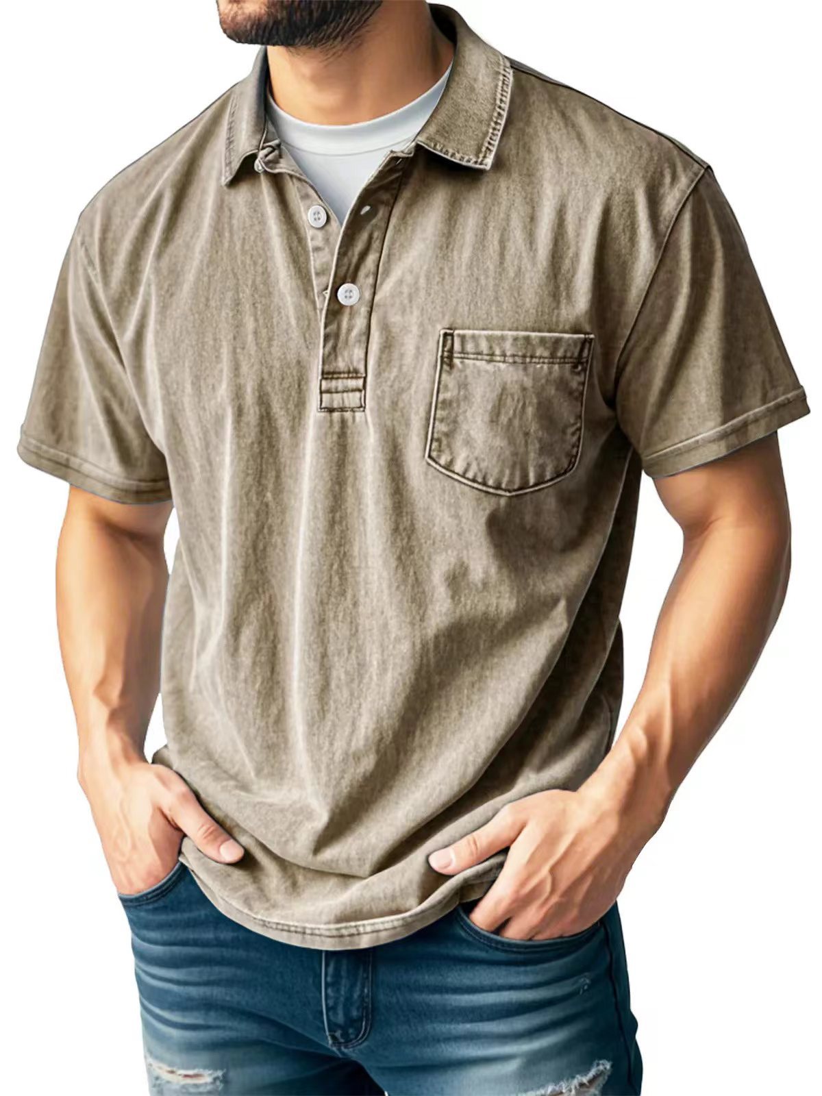 Polo homme – Coupe décontractée – Manches courtes – Tissu respirant – Col boutonné