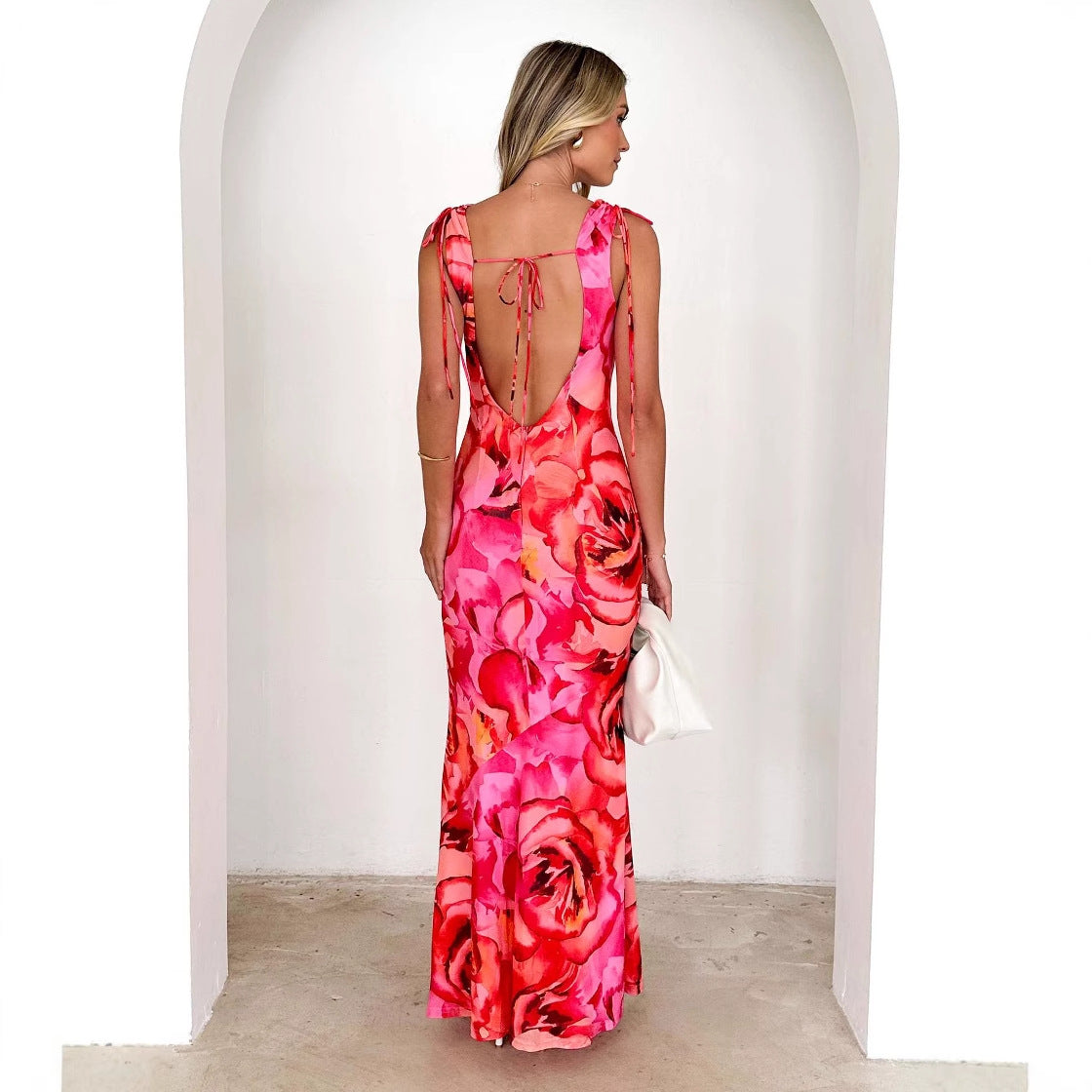 Robe longue femme – Sans manches – Imprimé floral – Décolleté en V – Tissu fluide