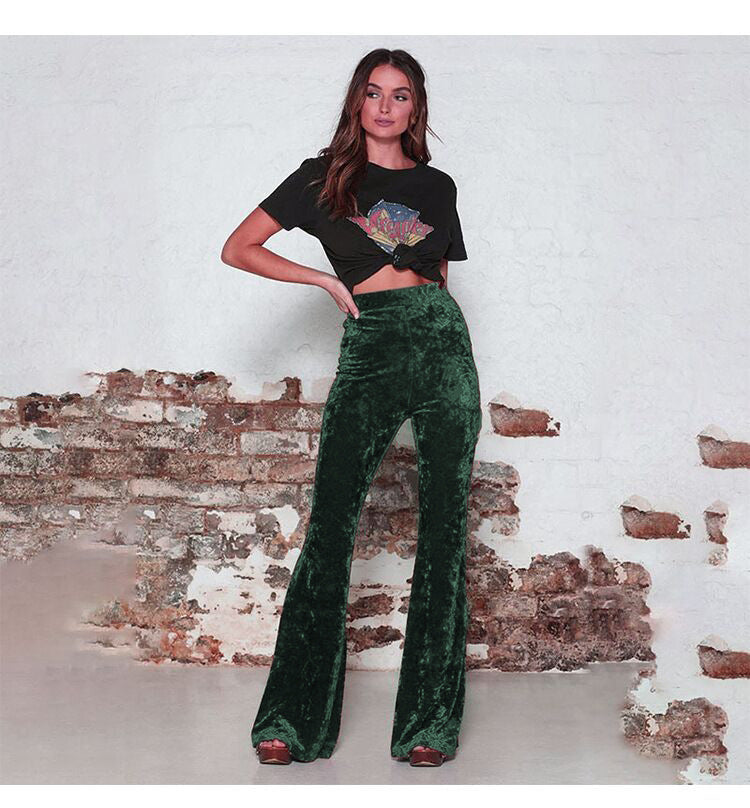 Pantalon évasé femme – Taille haute – Velours doux – Coupe ajustée – Longueur entière
