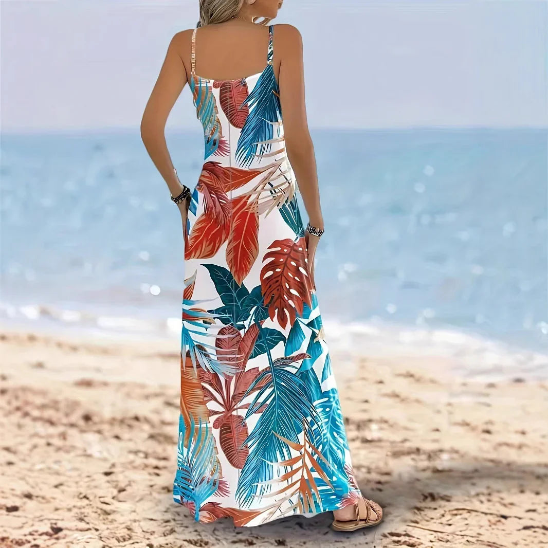 Robe longue femme – Coupe fluide – Bretelles fines – Imprimé tropical – Sans manches