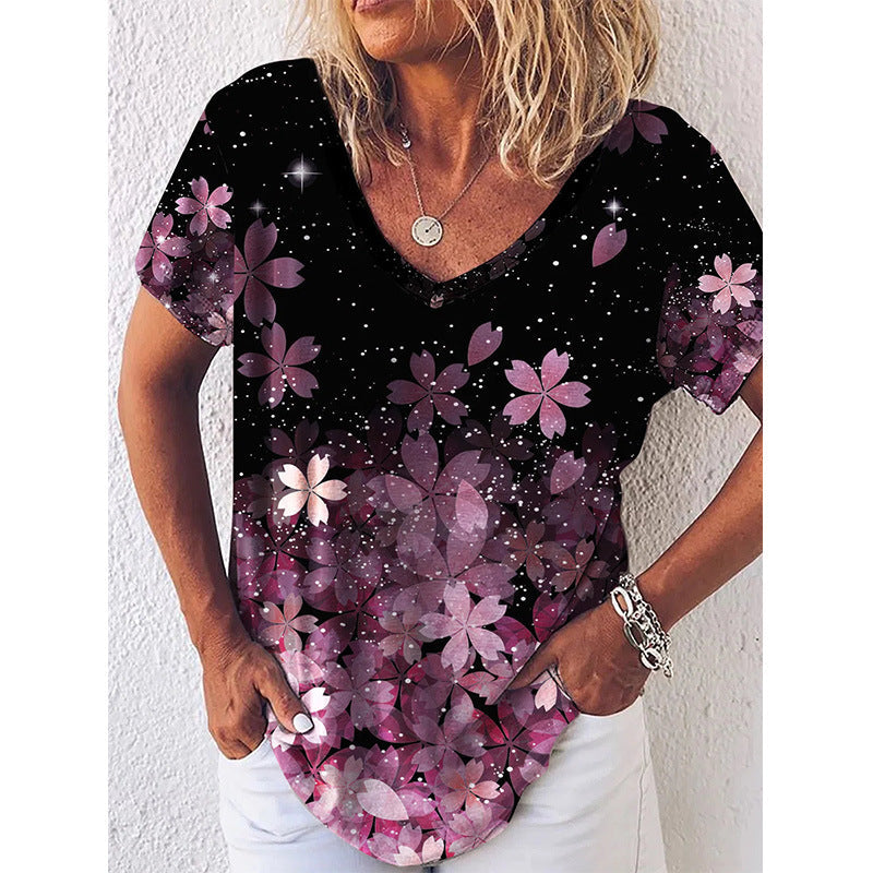 T-shirt femme col V – Coupe régulière – Imprimé floral – Tissu doux respirant – Manches courtes