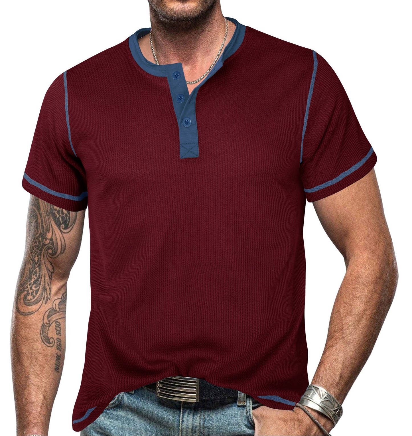 T-shirt Henley homme – Coupe slim – Coton – Manches courtes casual