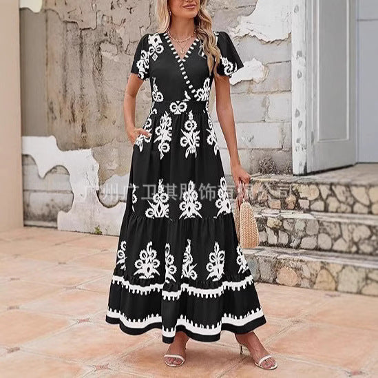 Robe longue femme – Coupe évasée – Imprimé fleuri – Manches courtes – Tissu respirant