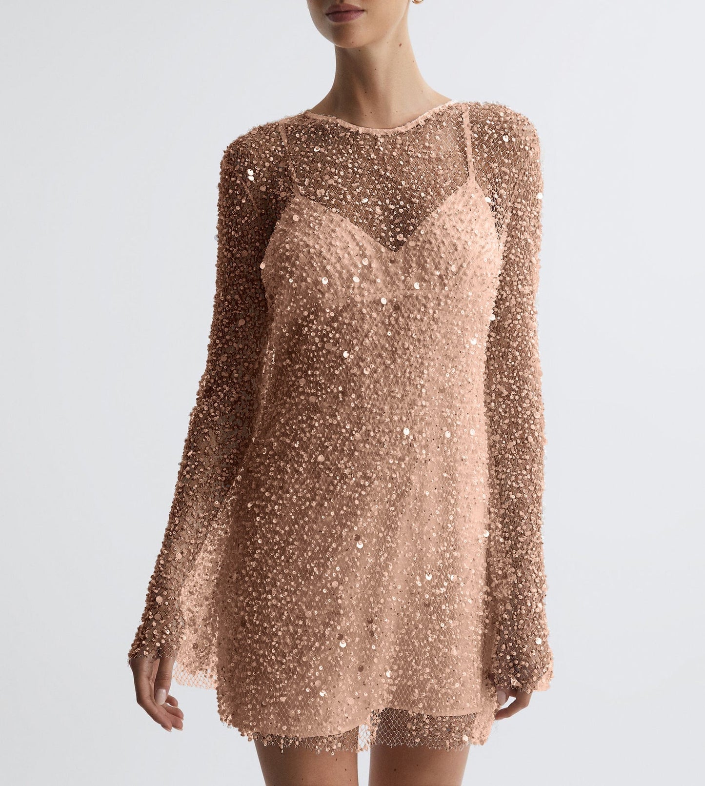 Women's cocktail dress – Fitted cut – Long sleeves – Sequins – Mini length