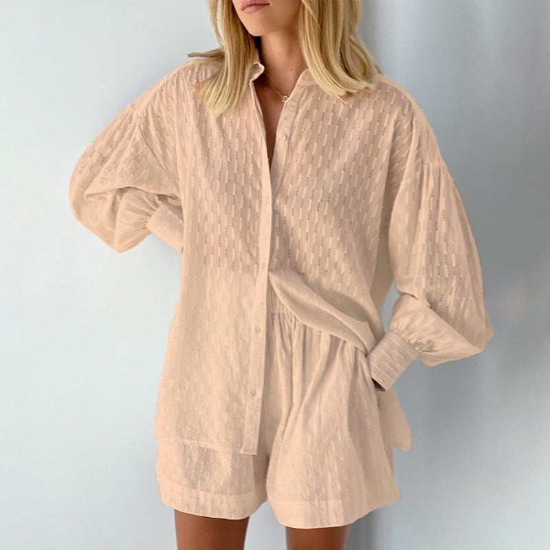 Women's Set Blouse and Shorts – Jacquard – Loose Fit – Puff Sleeves