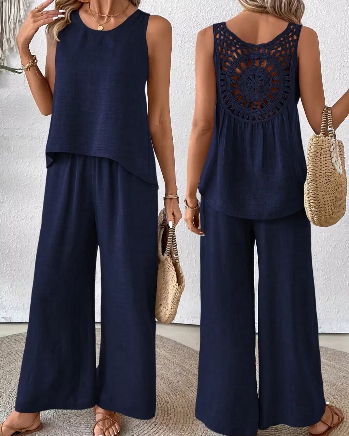 Ensemble femme deux pièces – Lin – Haut sans manches crochet – Pantalon large taille haute