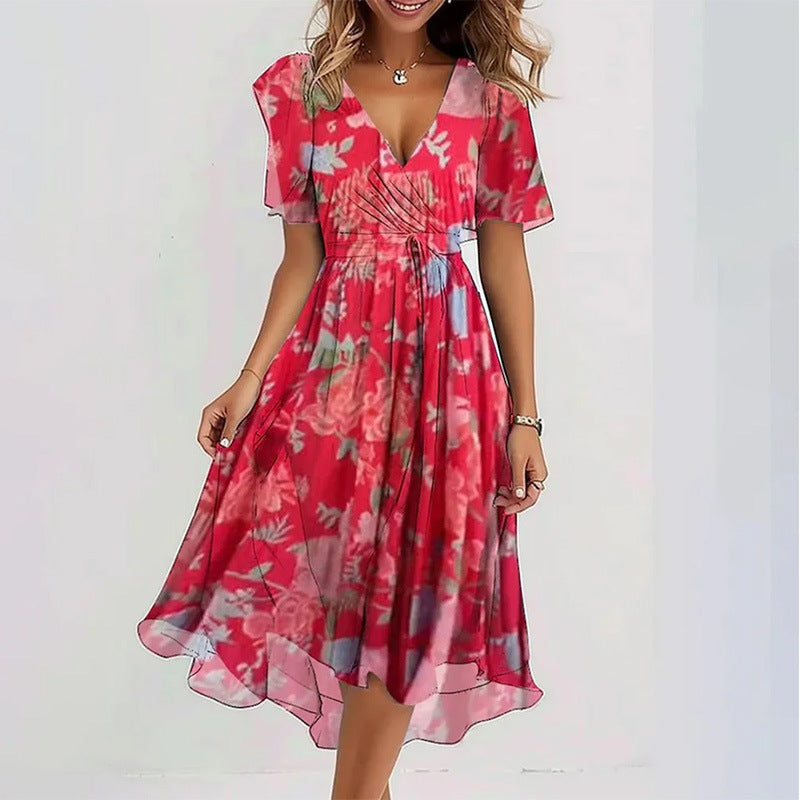 Robe portefeuille à manches flottantes pour femme - Col en V - Imprimé floral