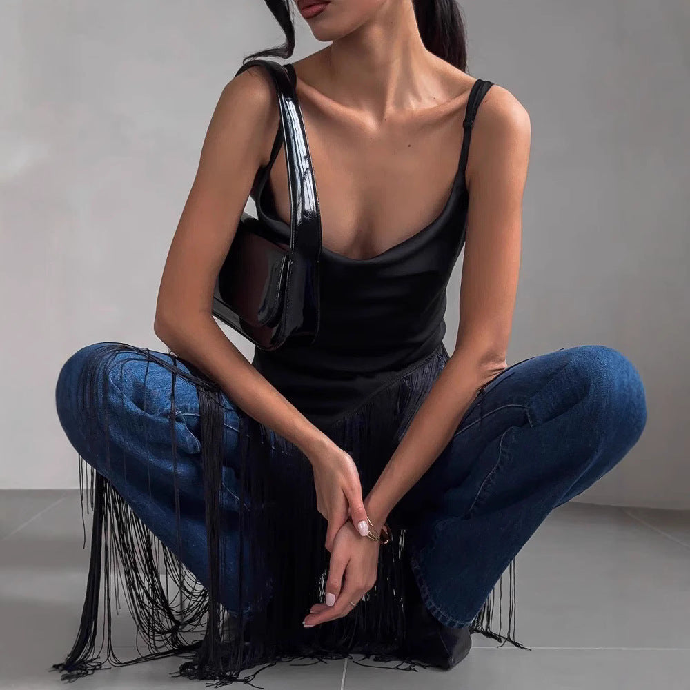 Top sans manches femme – Coupe slim – Décolleté en V – Franges asymétriques