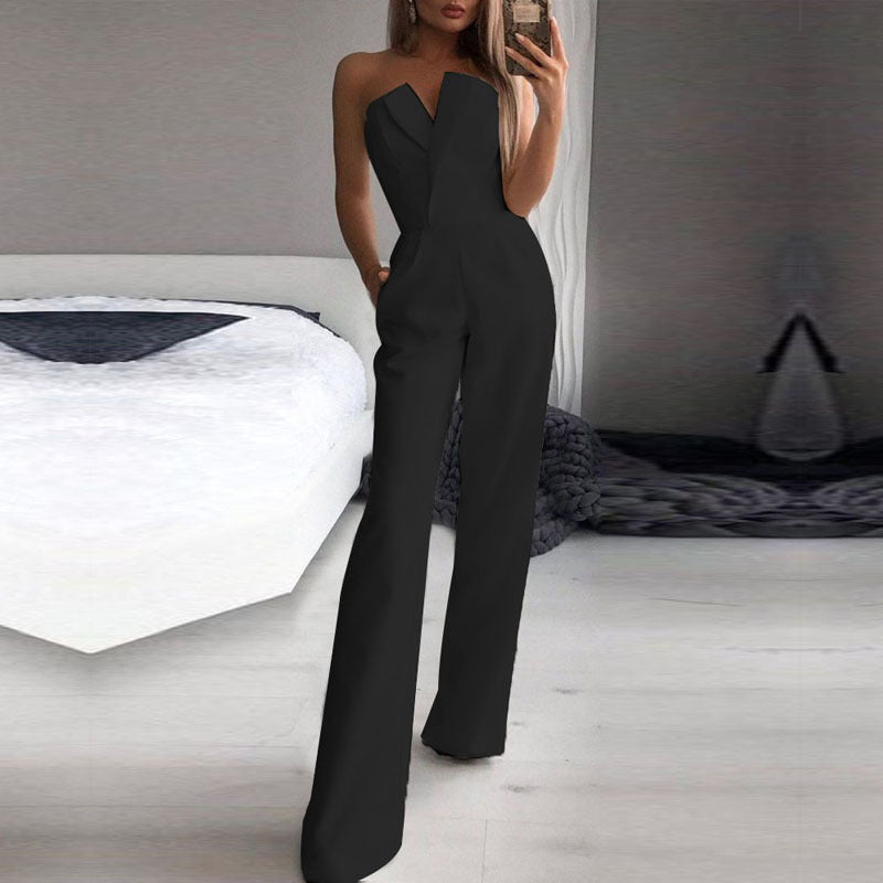 Combinaison Femme – Coupe Ajustée – Encolure Asymétrique – Jambes Larges Élégantes