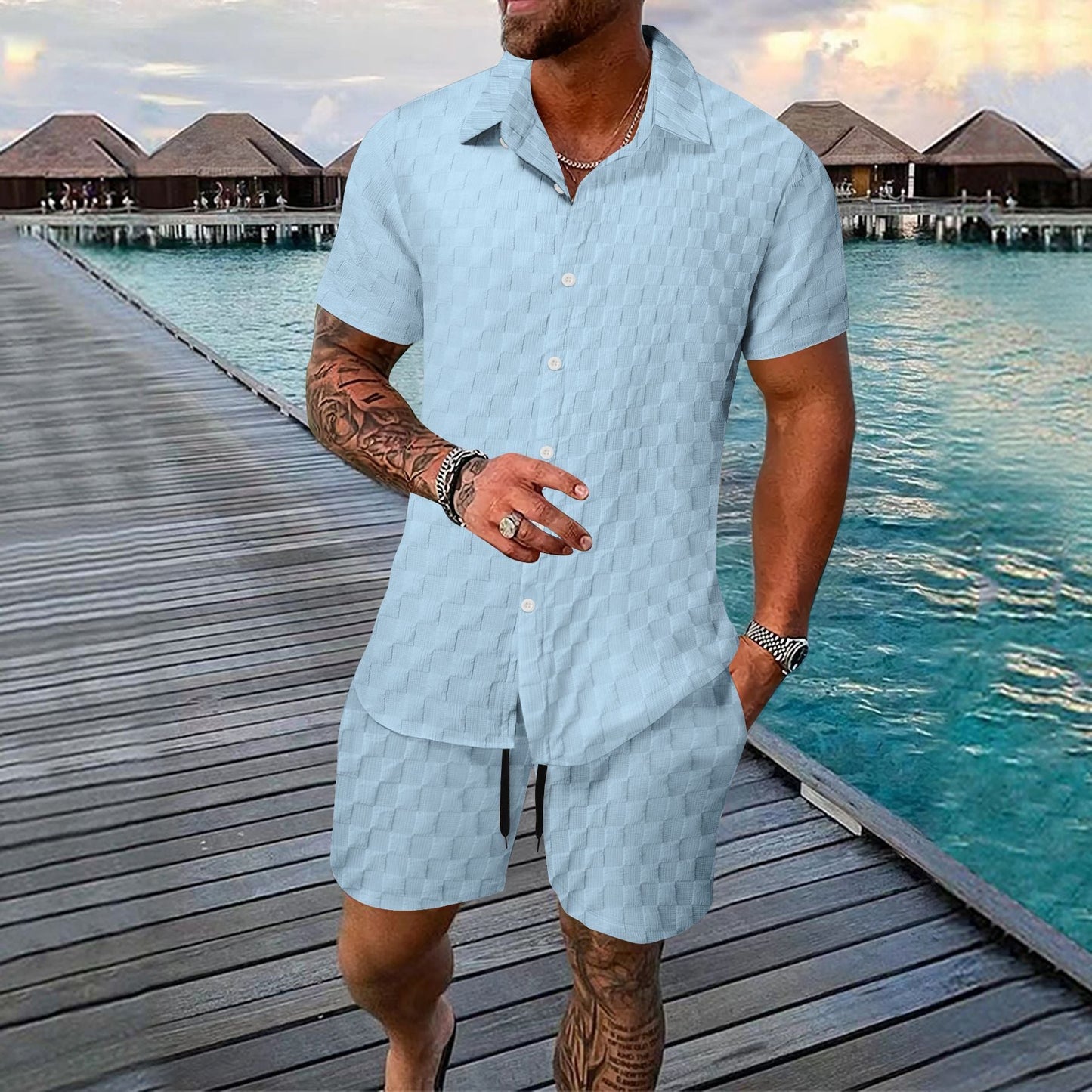 Ensemble homme deux pièces – Jacquard léger – Coupe décontractée – Chemise col à revers