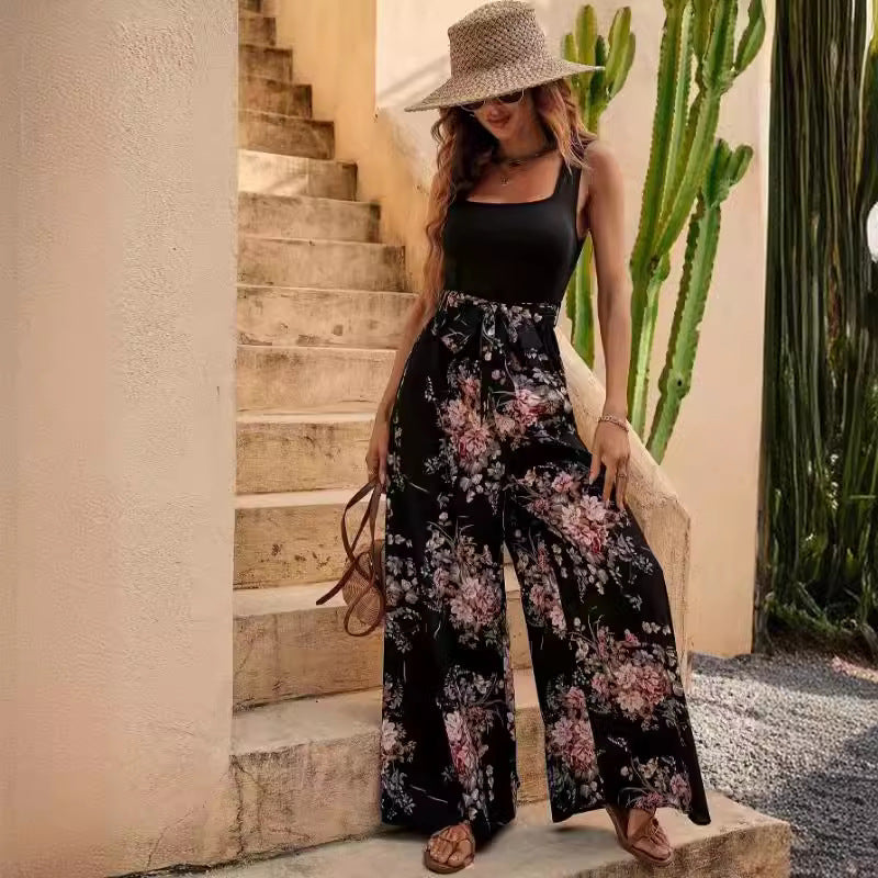 Combinaison femme – Sans manches – Imprimé fleuri – Coupe large – Taille ceinturée