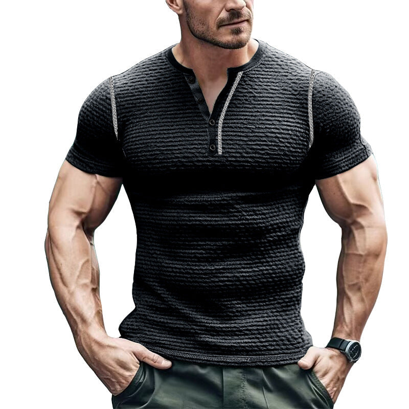 T-shirt Henley homme – Coupe ajustée – Maille gaufrée respirante – Manches courtes