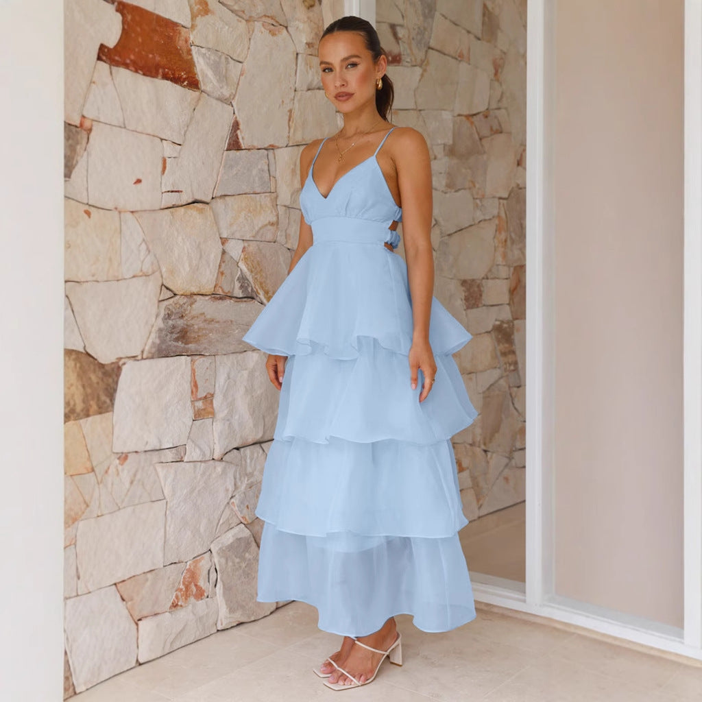 Robe longue femme – Tissu léger respirant – Bretelles fines – Col en V – Volants superposés