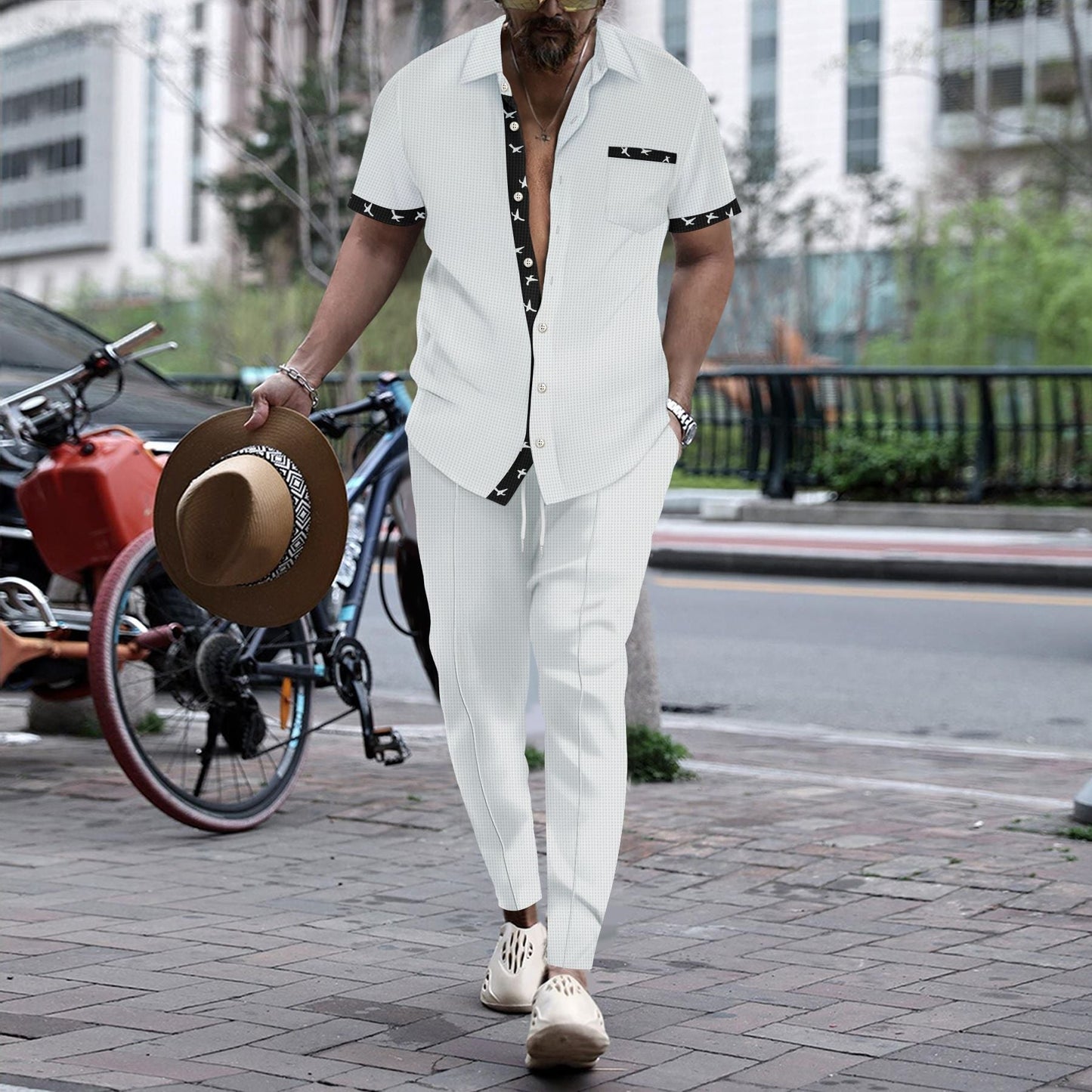 Ensemble deux pièces pour homme – Coupe ample – Coton – Manches courtes – Pantalon à jambe droite – Finitions élégantes