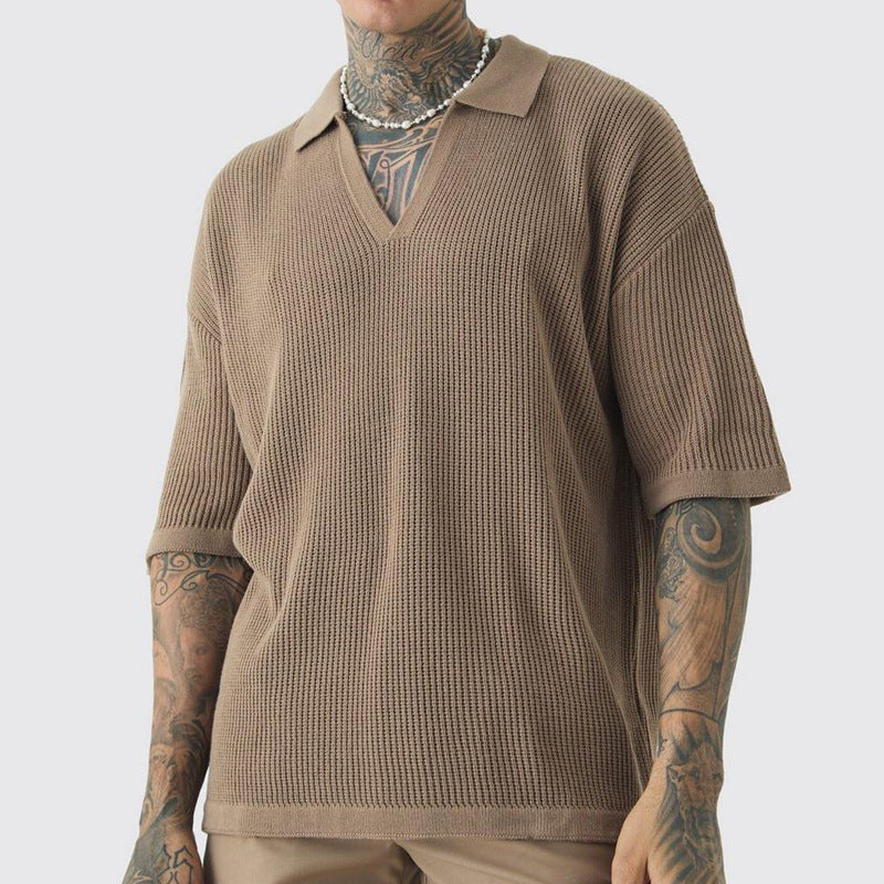 Chemise homme manches courtes – Coupe décontractée – Col V – Maille texturée respirante