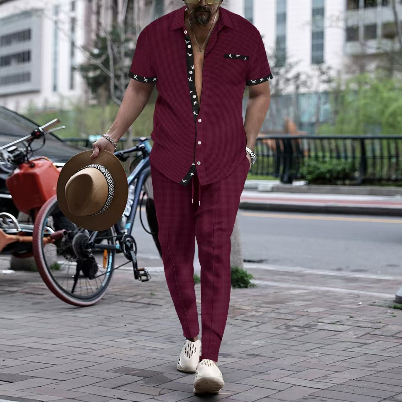 Ensemble deux pièces pour homme – Coupe ample – Coton – Manches courtes – Pantalon à jambe droite – Finitions élégantes