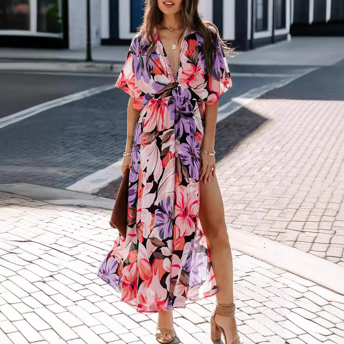 Robe longue femme – Tissu fluide – Taille haute – Manches courtes – Fente côté