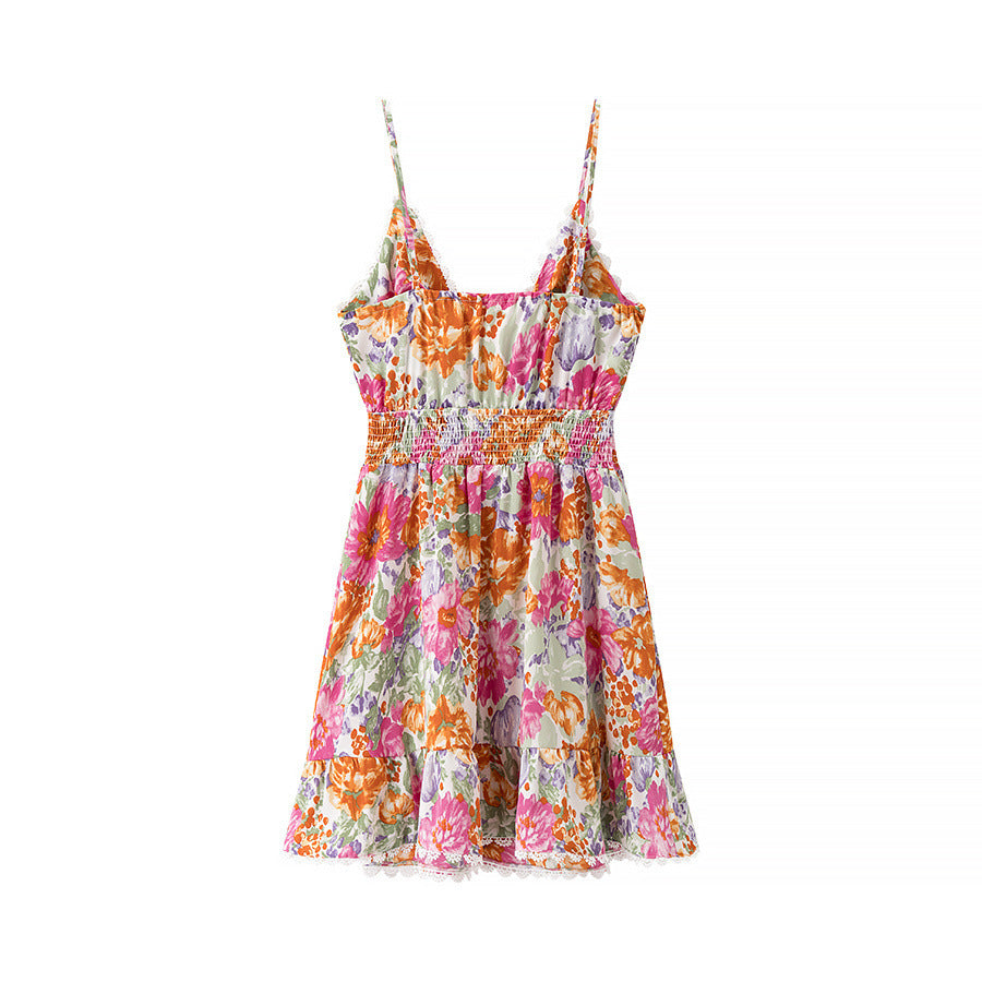 Robe Femme Mini Évasée – Bretelles Fines – Nœud Dos – Volants – Dentelle Fleurie