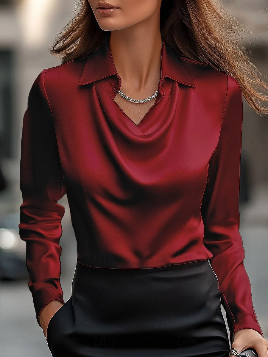 Women's blouse – Fitted cut – Satin fabric – Draped collar – Elegant long sleeves