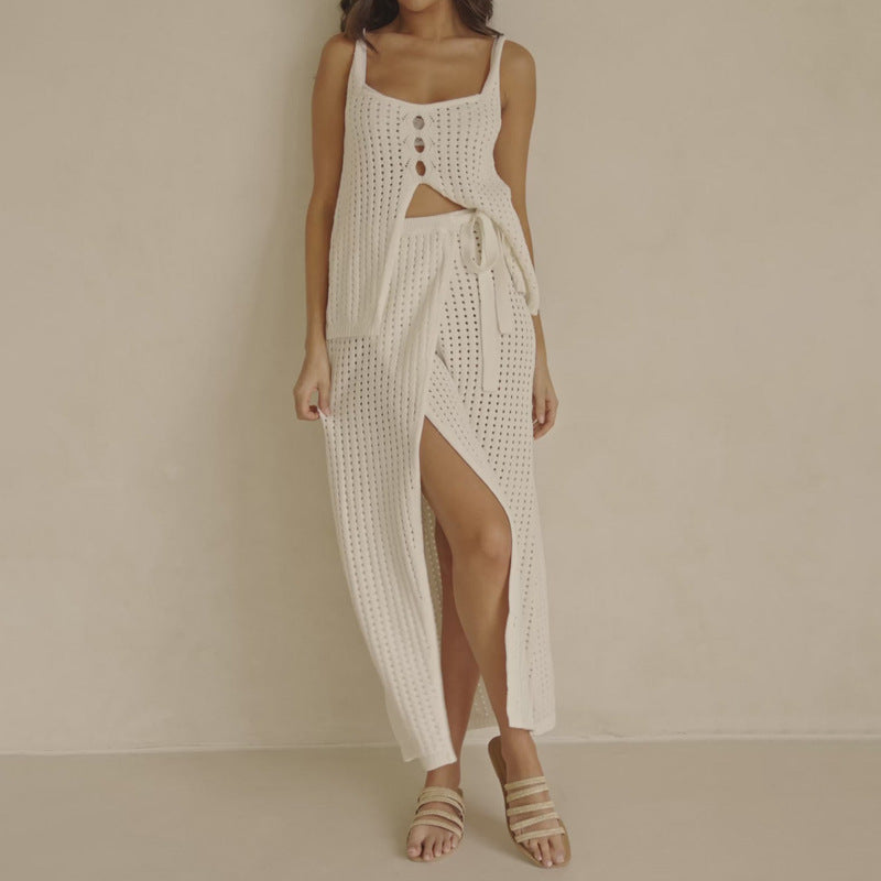 Ensemble Femme Deux Pièces – Haut Court en Maille – Jupe Longue Fendue – Tissu Léger