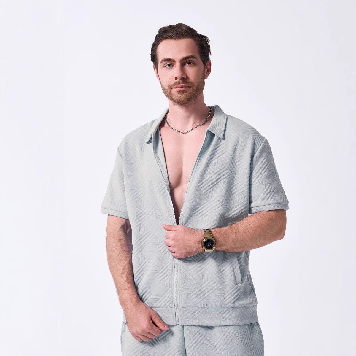 Chemise homme manches courtes – Coupe décontractée – Motif texturé – Col zippé