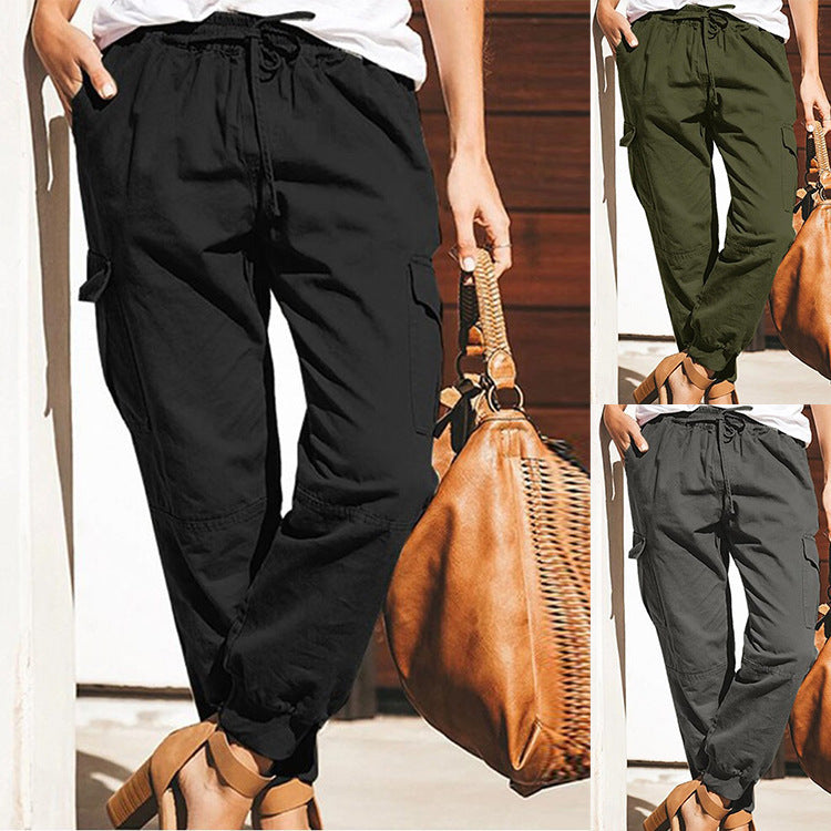 Pantalon cargo femme – Coupe décontractée – Coton – Taille élastique – Poches utilitaires