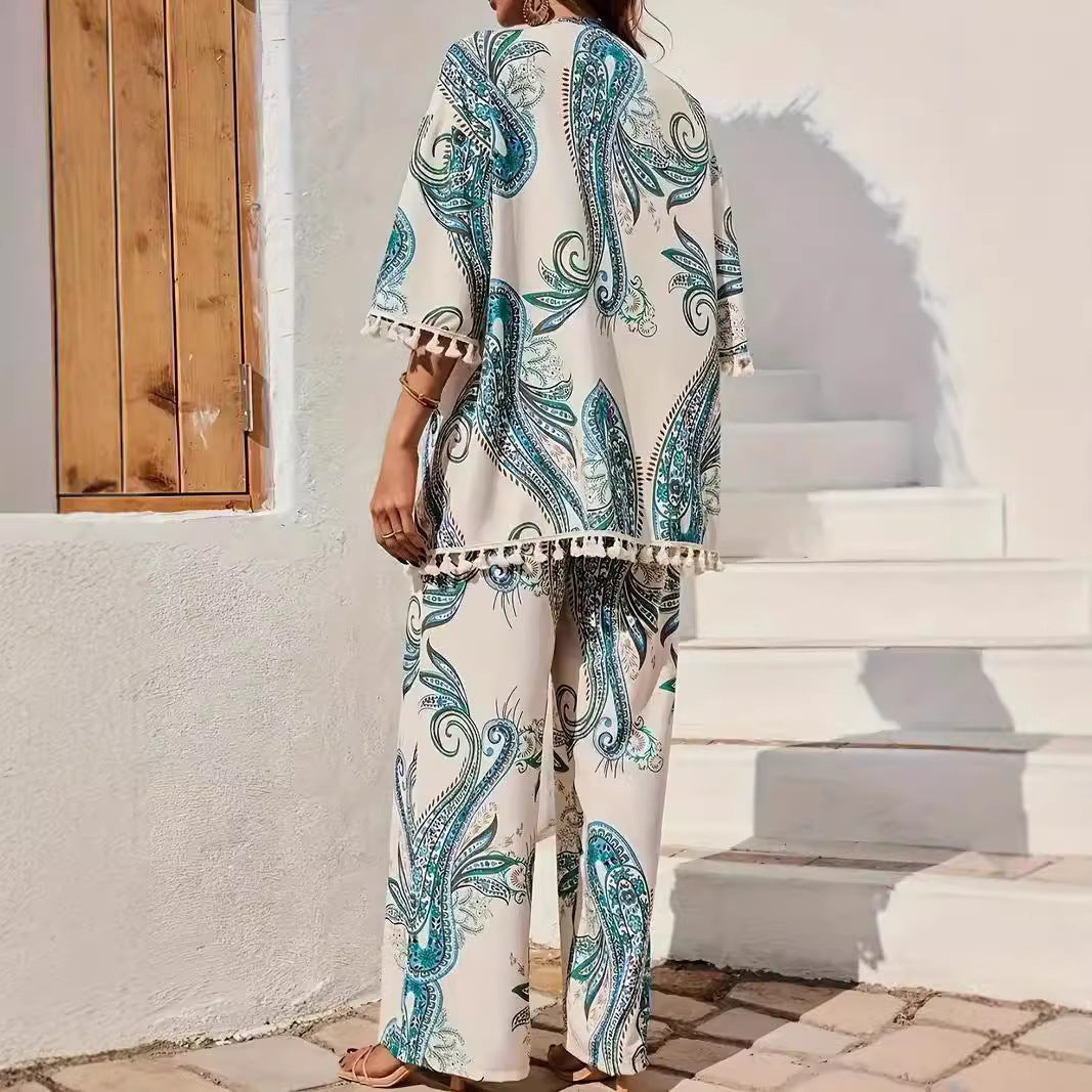 Ensemble kimono femme – Coupe ample – Pantalon large – Finition à franges – Tissu respirant