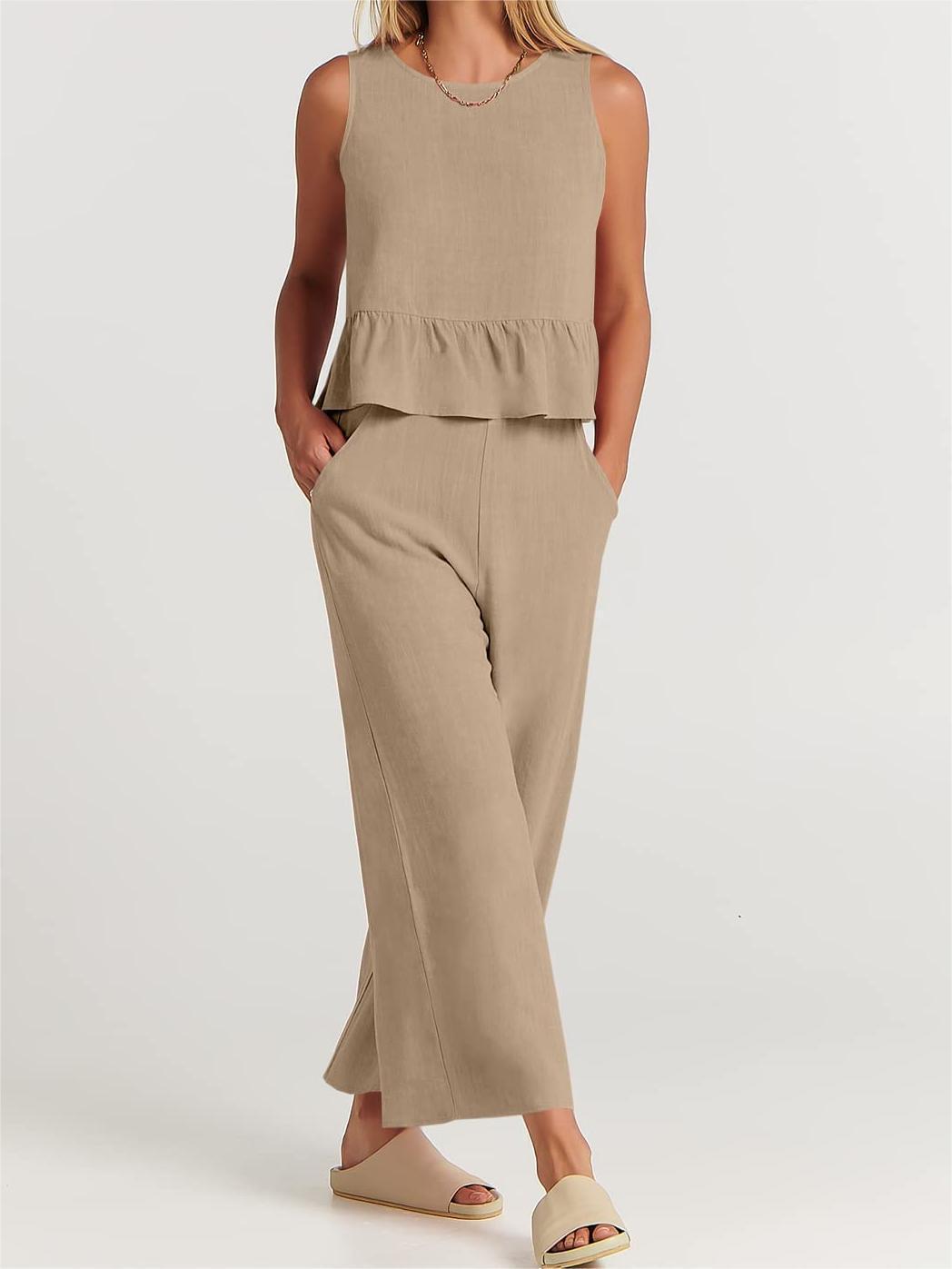 Ensemble 2 pièces pour femmes - Top court sans manches - Pantalon large à taille élastique - Coupe décontractée