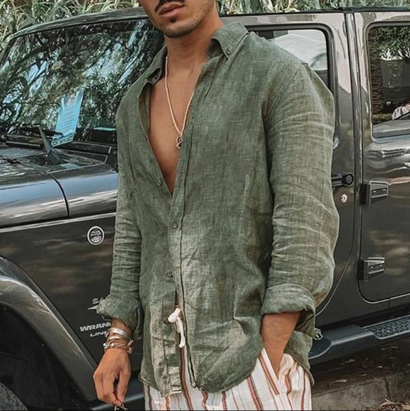 Chemise homme manches longues – Coupe décontractée – Fibres naturelles respirantes – Col en V