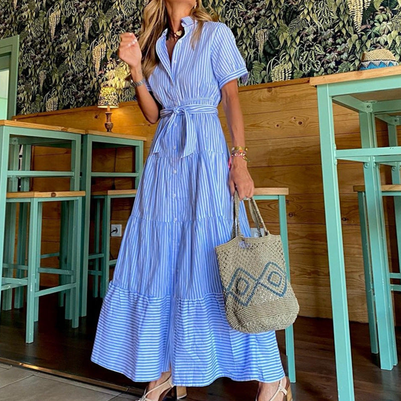 Robe midi femme – Coupe décontractée – Taille ceinturée – Boutonnée – Tissu léger