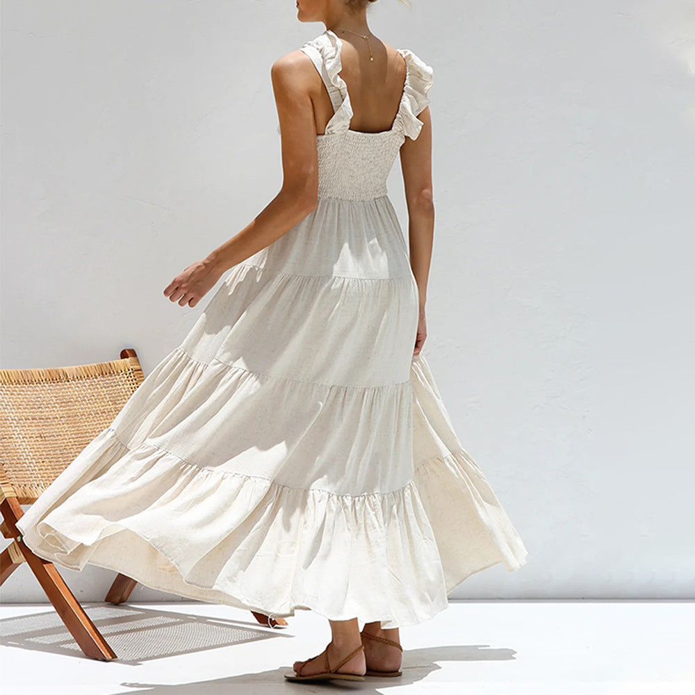 Robe longue femme – Coupe fluide – Bretelles à volants – Tissu respirant – Volants superposés