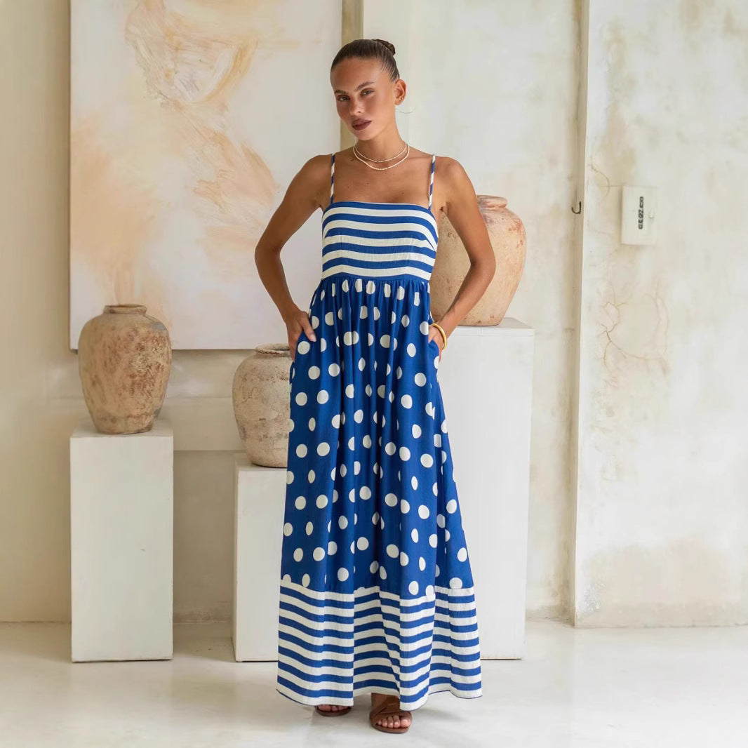 Robe longue femme – Coupe évasée – Coton – Bretelles fines – À motifs avec poches