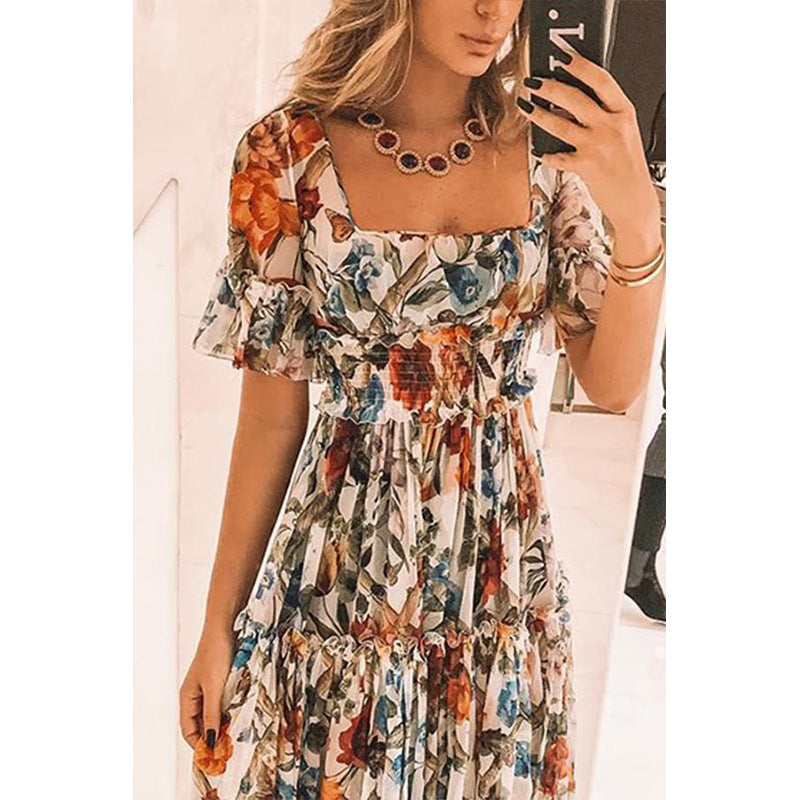 Robe longue femme – Coupe fluide – Bustier smocké – Manches volantées – Tissu respirant
