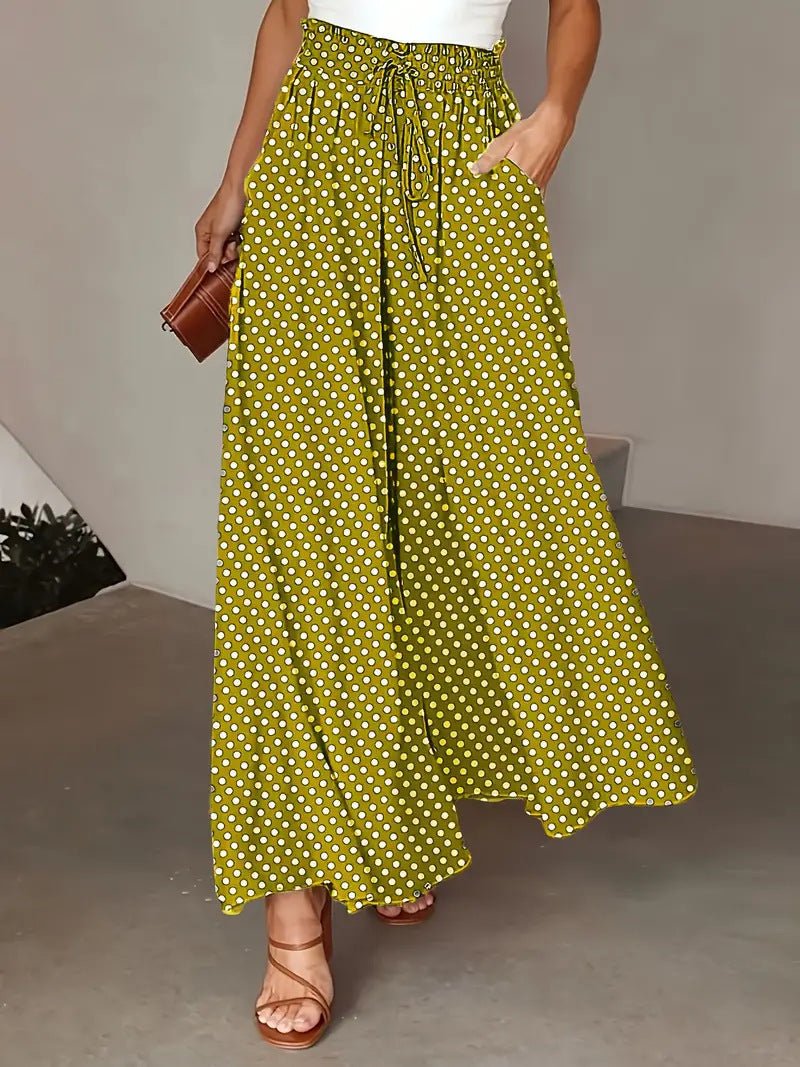 Pantalon large femme – Coupe fluide – Imprimé à pois – Taille cordon – Style décontracté
